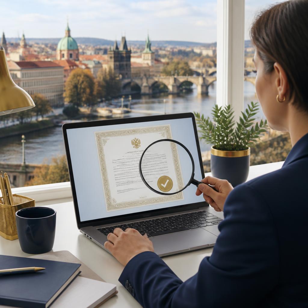 Woman in a bright Prague office verifying a private detective agency concession on a laptop with a magnifying glass over a certificate