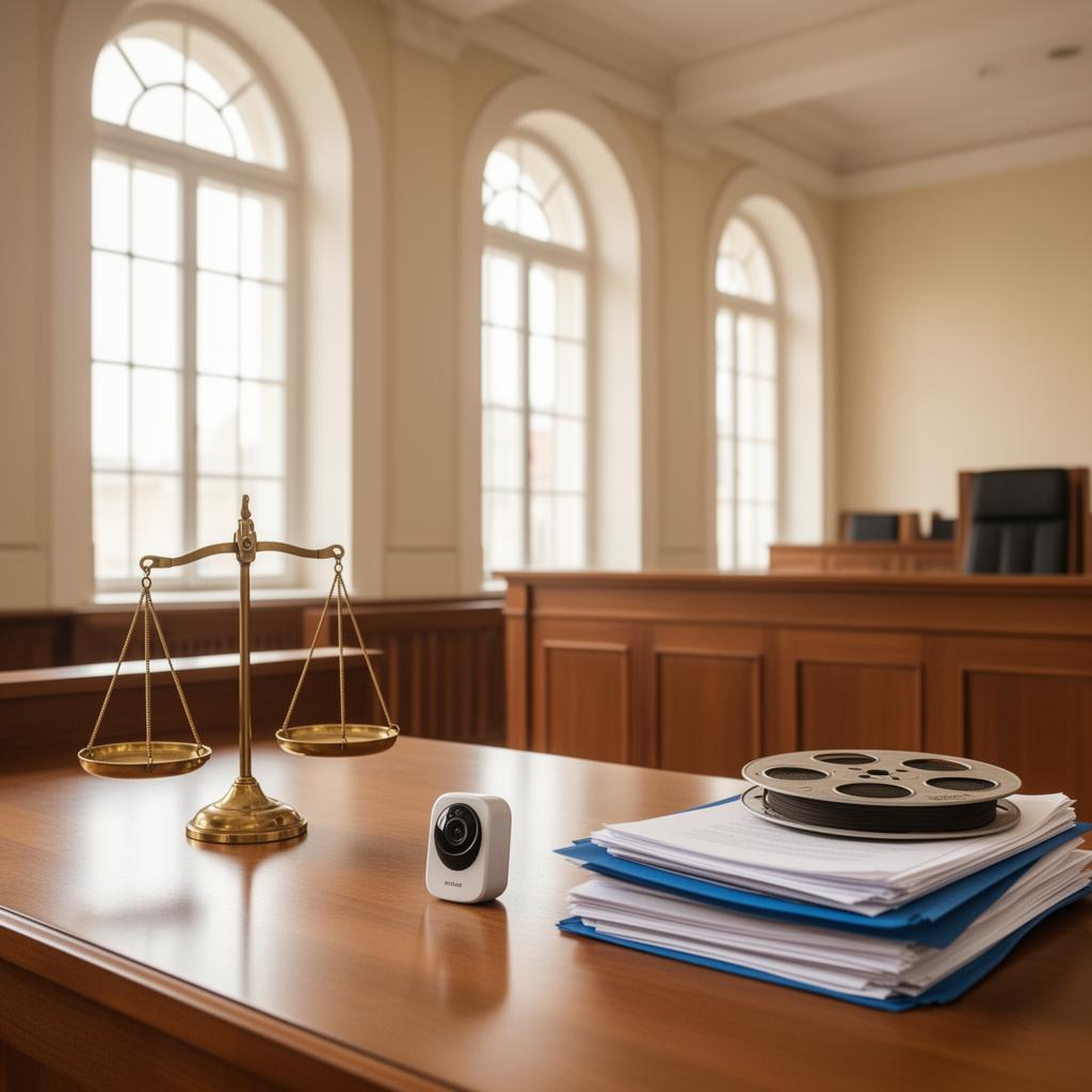 Sunlit Czech courtroom with scales of justice, surveillance camera and film reel on legal documents