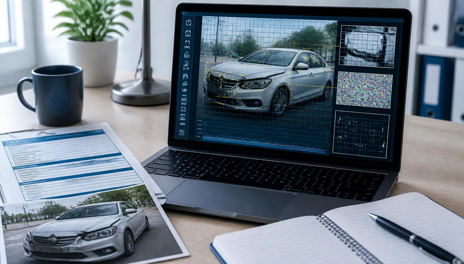 Notebook s forenzní analýzou fotografie poškozeného vozidla vedle vytištěného formuláře pojistné události