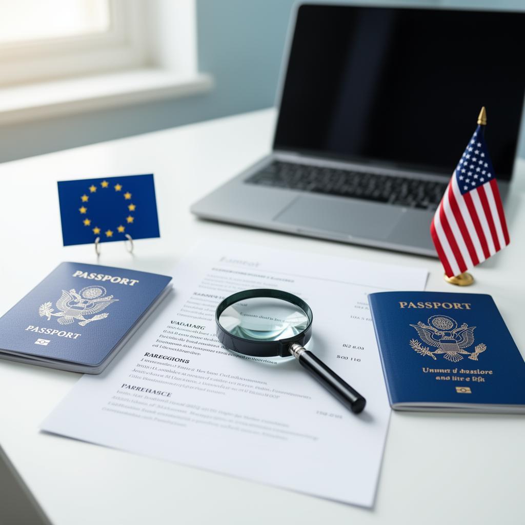 Side-by-side comparison of EU GDPR and US FCRA background check compliance documents over a world map