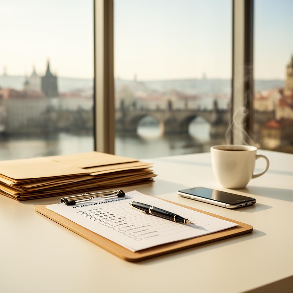 Tidy desk with checklist, folders, phone and coffee cup beside a window overlooking the Prague skyline