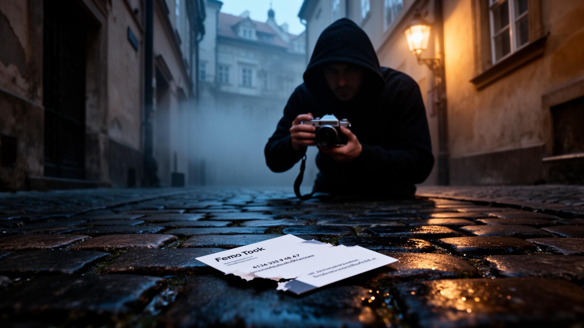 Hooded figure with a camera in a foggy Prague alley at dusk, with a torn business card on wet cobblestones