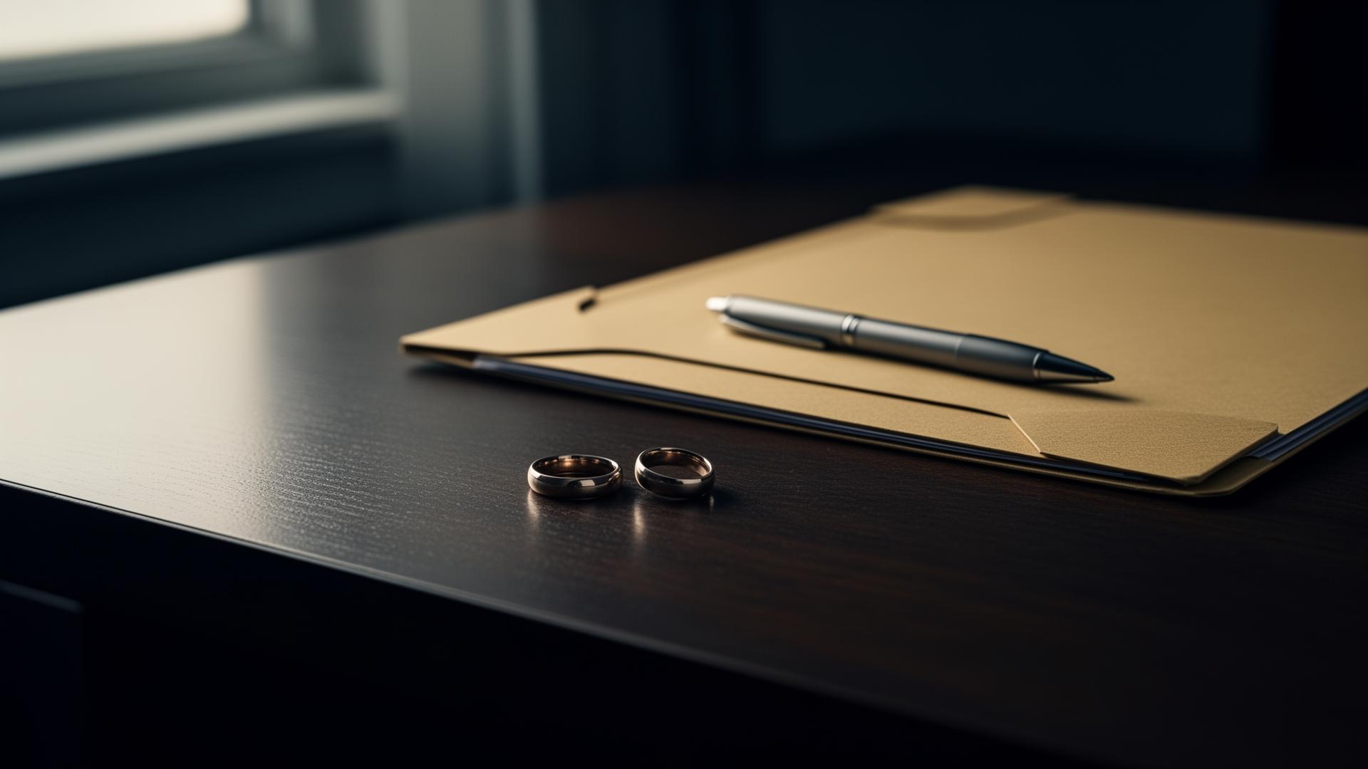 Two wedding rings placed apart next to a case file folder on a dark desk, representing a divorce case investigation.