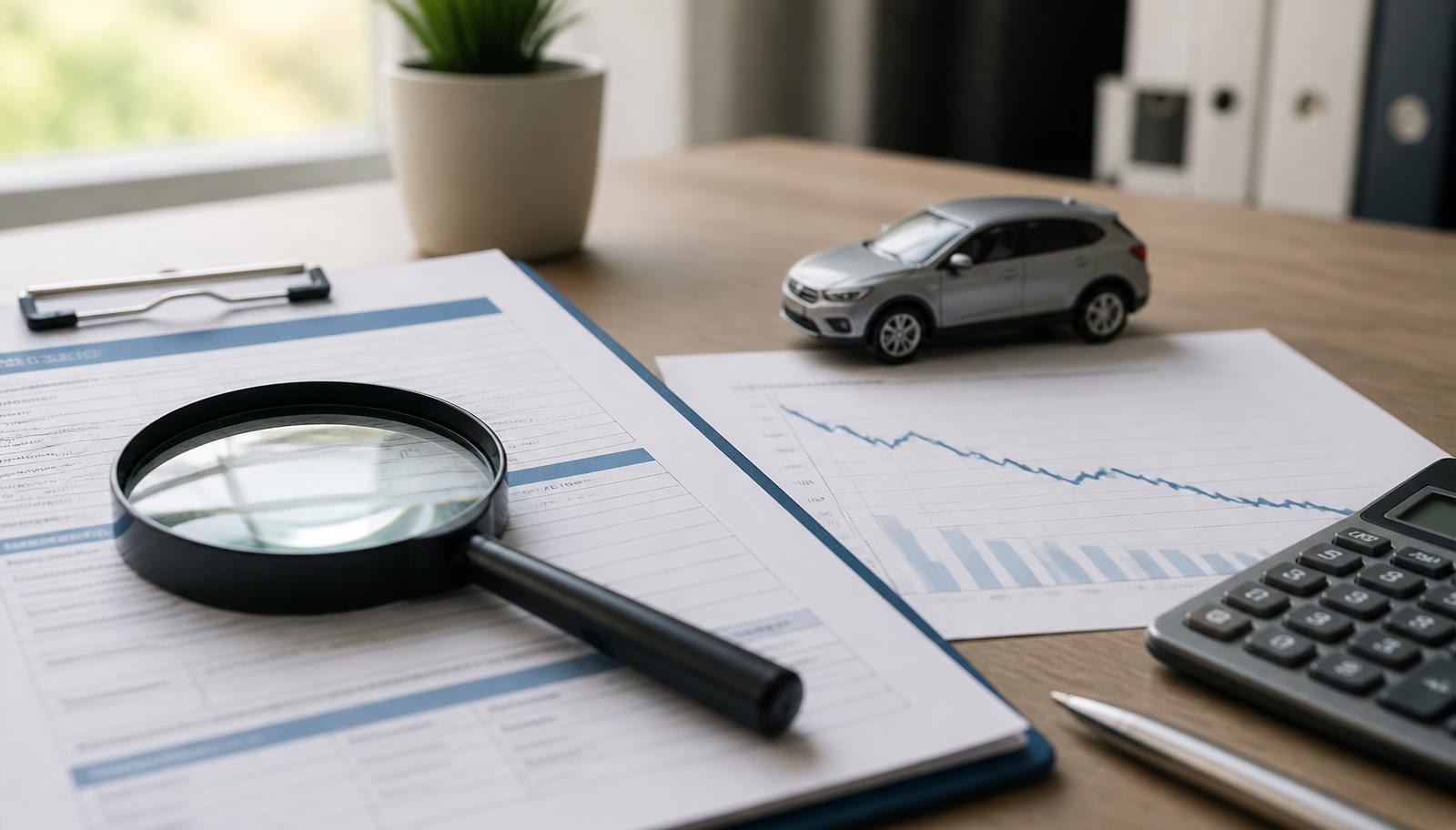 Formulář pojistné události s lupou vedle klesajícího ekonomického grafu, modelu auta a kalkulačky na stole