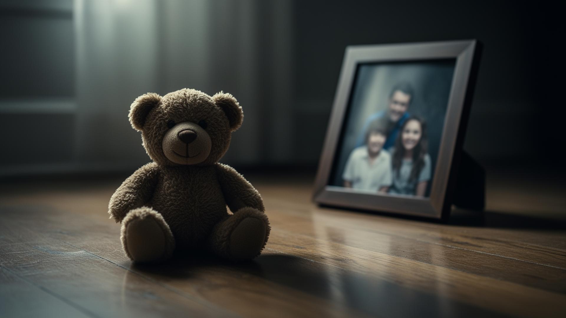 A small teddy bear on a wooden floor beside a softly framed family photo, representing the impact of marital infidelity on children.