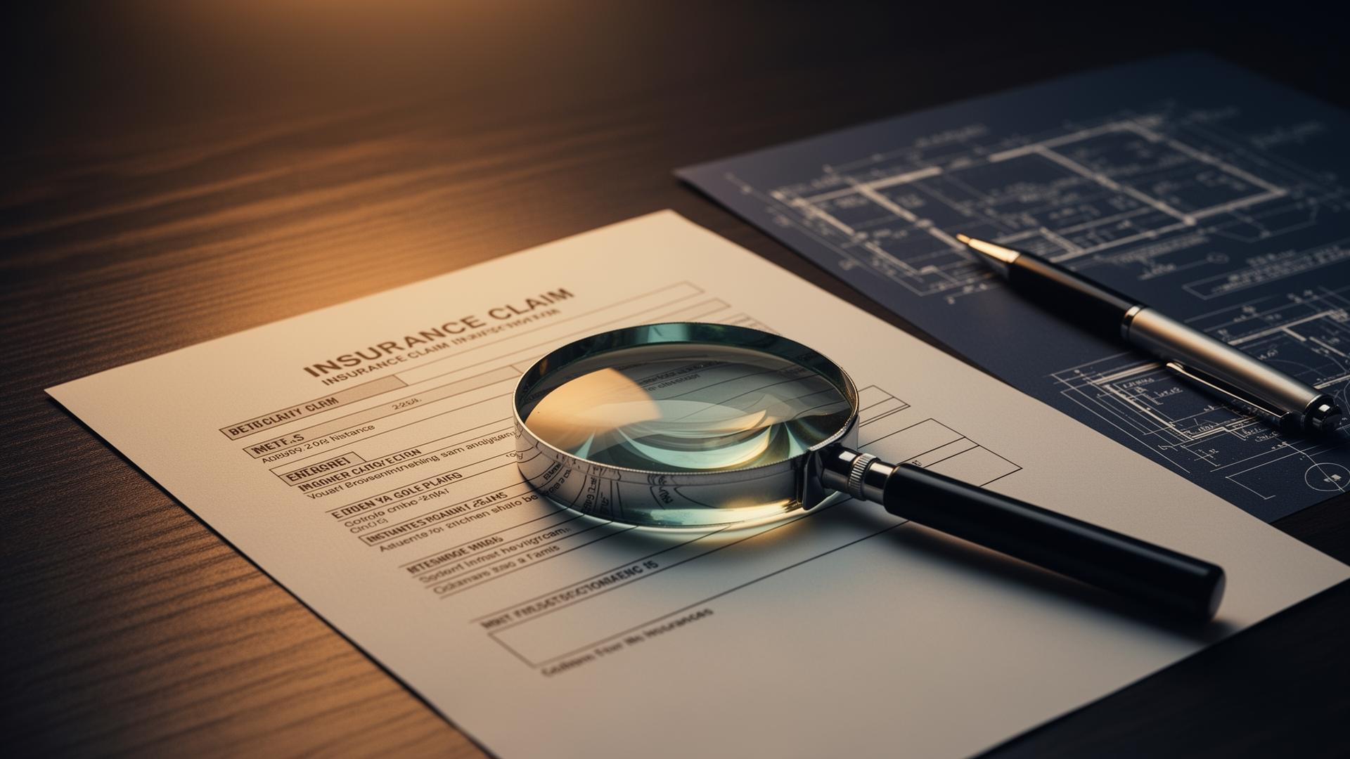 Magnifying glass over an insurance claim form on a desk, representing a professional insurance claims investigation.