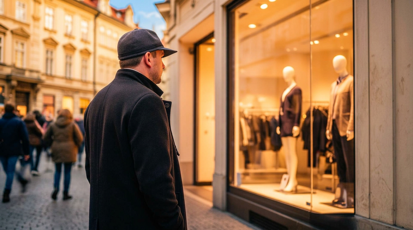 Diskrétní soukromý detektiv v tmavém kabátě sleduje za soumraku osvětlený pražský maloobchodní butik, kolem rozostření kolemjdoucí zákazníci