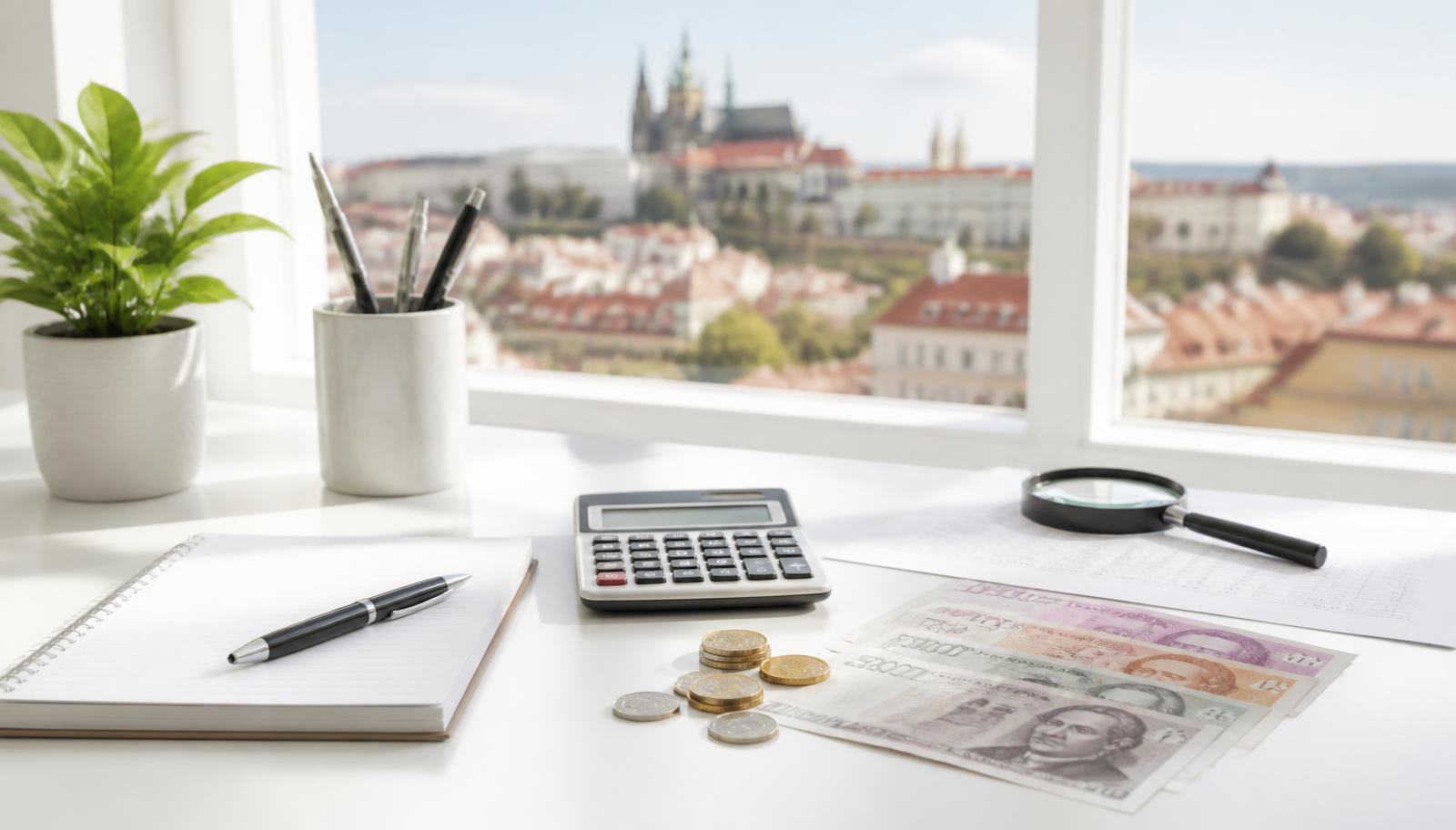 Světlý stůl u okna s kalkulačkou, blokem a českými bankovkami, v pozadí Pražský hrad