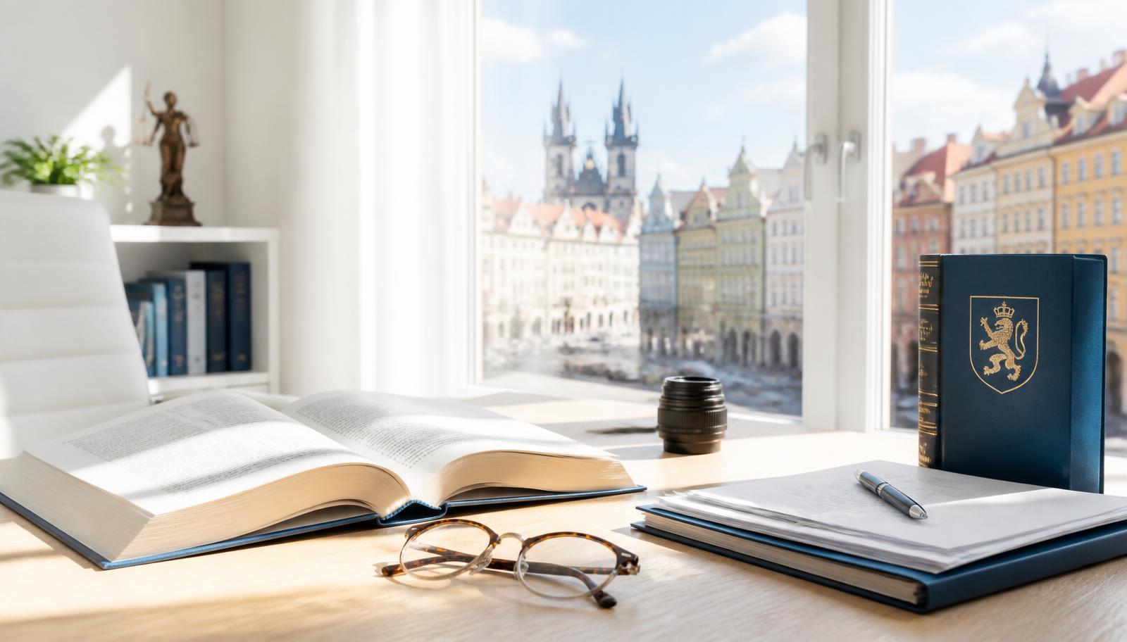 Sunlit desk with an open law book, documents, glasses and a camera lens, with Prague Old Town Square through the window