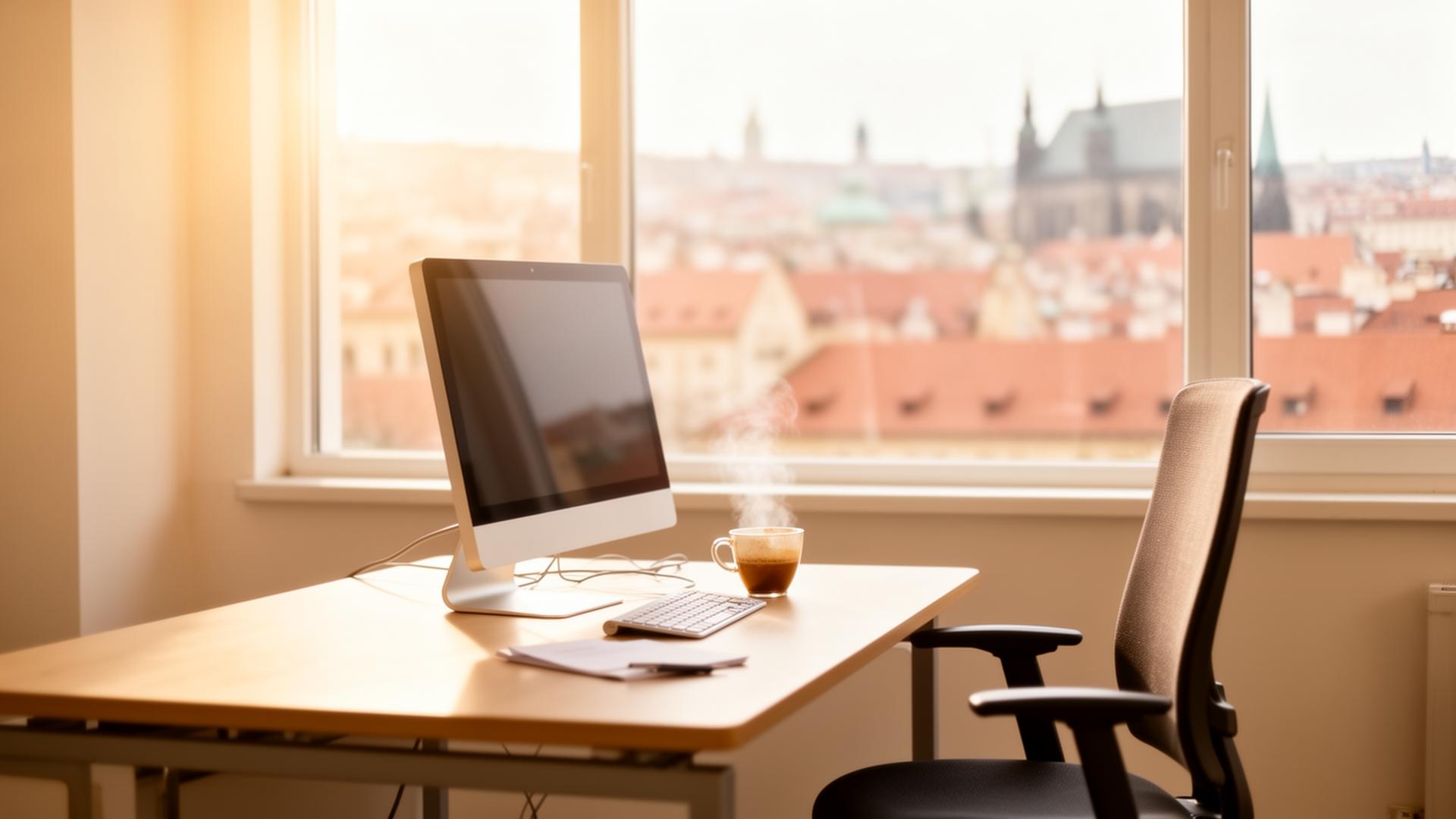 Empty office desk with an unattended computer and cold coffee in front of a blurred Prague skyline — illustrating the cost of sick leave fraud to the Czech economy.